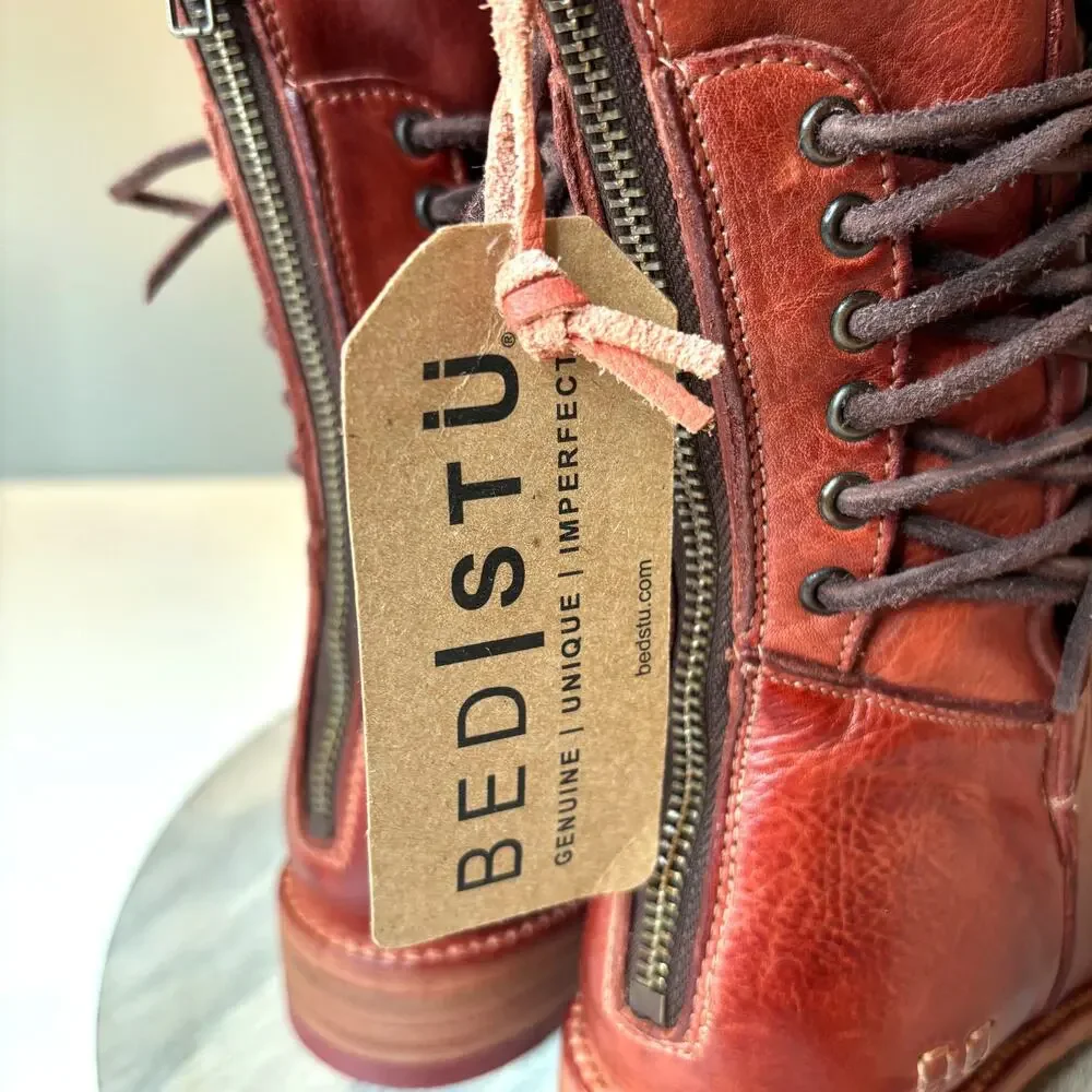 BED STU Fen Women's Leather Lace Up Combat Boots Studded Cognac Brown US 7 NWT